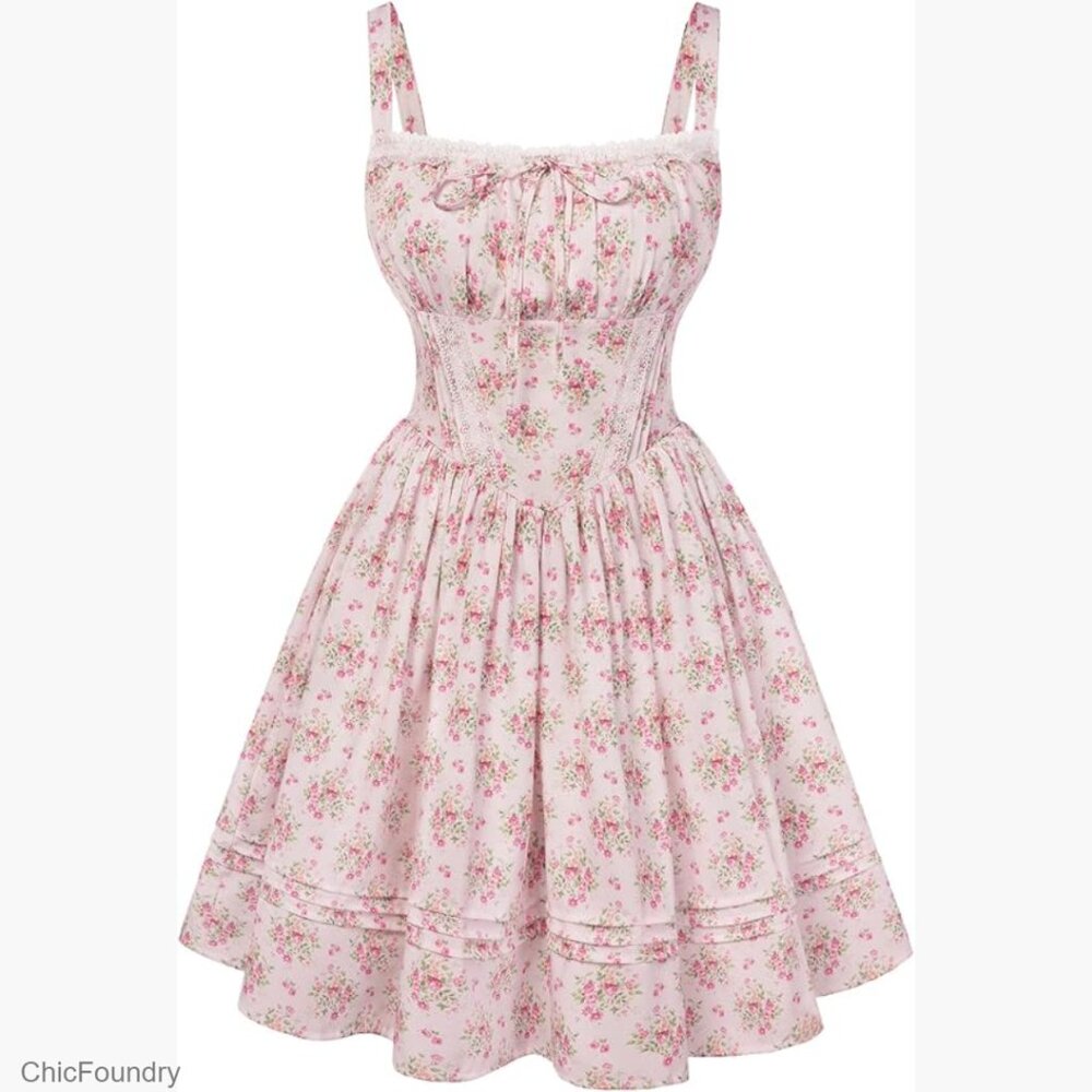Floral Mini Dress with Tulle Petticoat Pockets Adjustable Straps Zipper Back